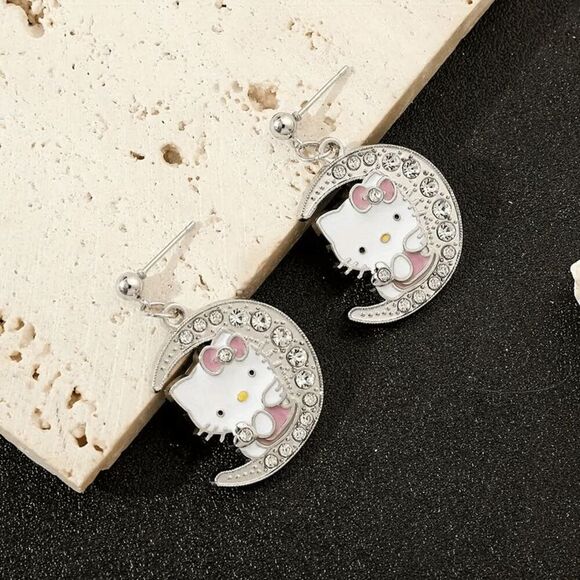 Hello Kitty Moon Pendant Diamond Earrings - Picture 2 of 6